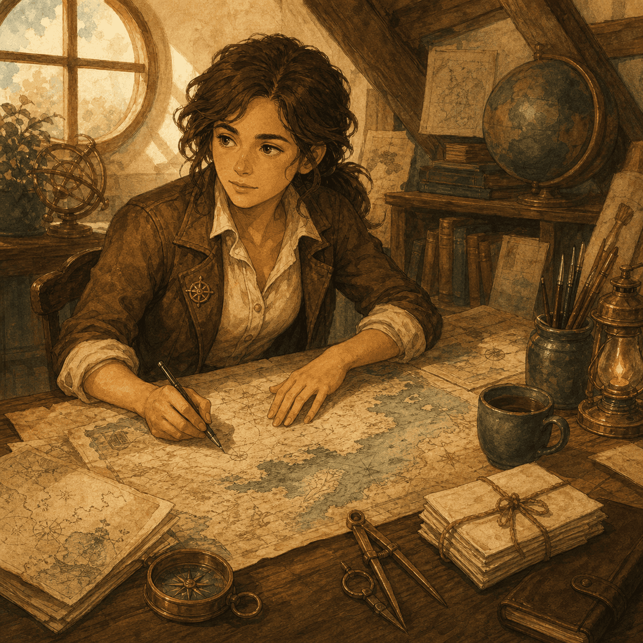 Cora au bureau de cartographe à Vellestria