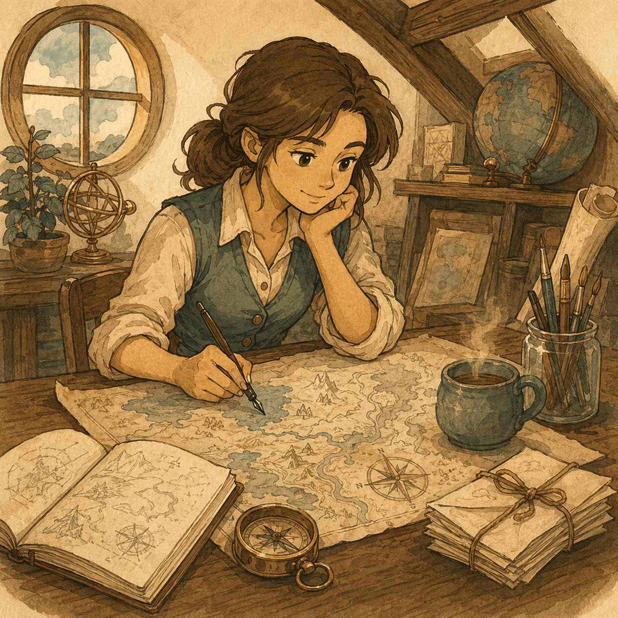 Cora at her cartographer’s desk in Vellestria