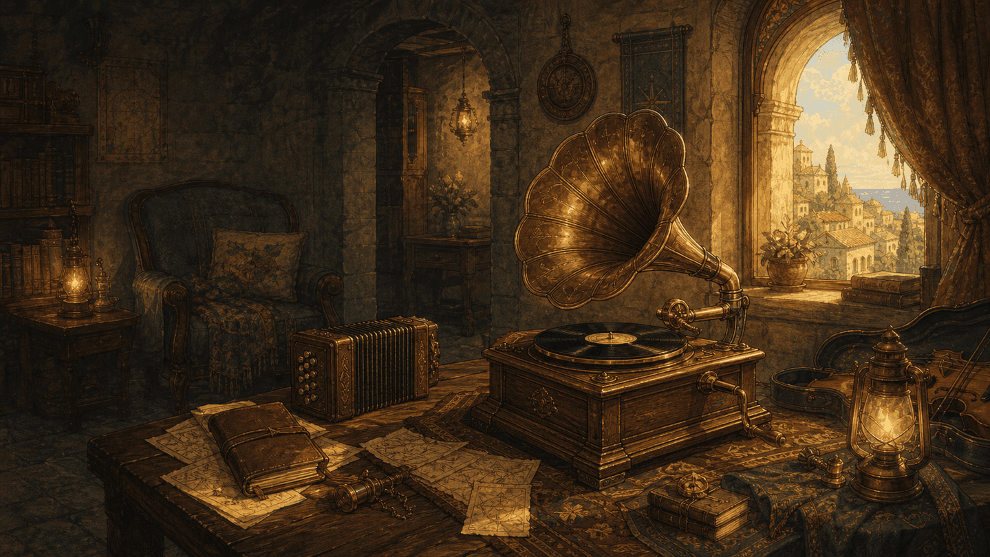 A warm Vellestrian listening room with a brass phonograph, atlas pages, lanterns, and instruments.